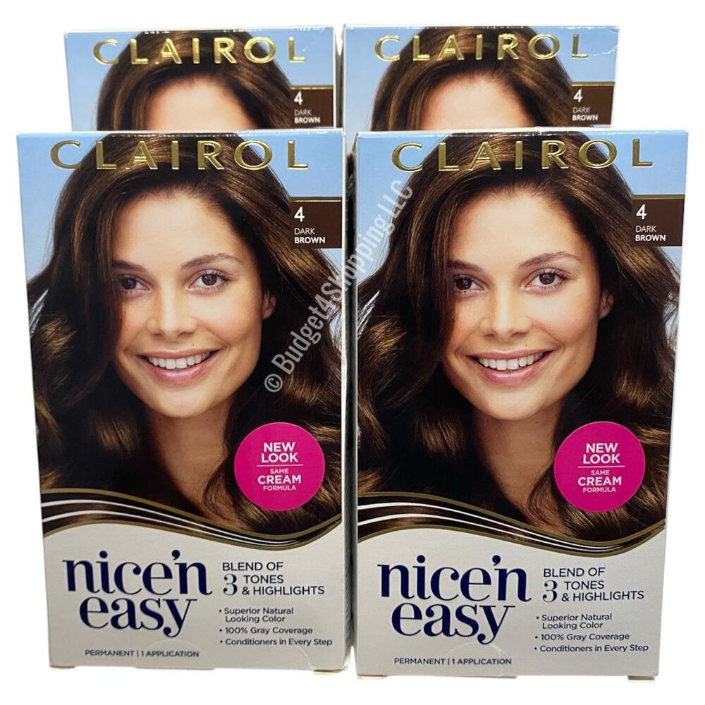 Clairol Nice'n Easy Permanent Hair Dye 4 Dark Brown Hair Color, Pack of 4